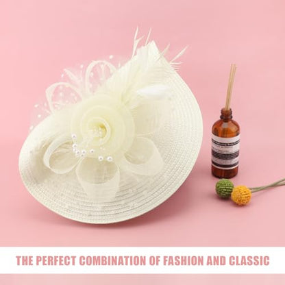 DRESHOW Fascinators Hat Flower Mesh Feathers Hat with a Headband and a Clip 7.9" Tea Party Headwear for Women - color: Folded Style 2: Beige / 7.9"