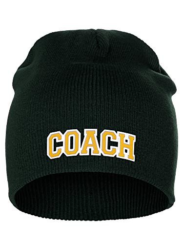 I&W Sports Team Coach Arch Letters Winter Knit Cuffless Beanie 3D Raised Layers - color: Dk Green Beanie White Gold