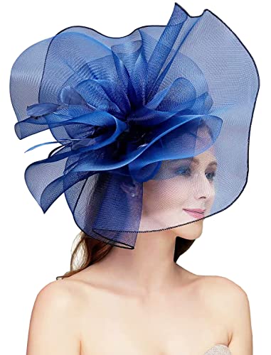 Women's Fascinators Hat for Women Tea Party Headband Wedding Cocktail Flower Mesh Feathers Hair Clip - color: 01 Navy