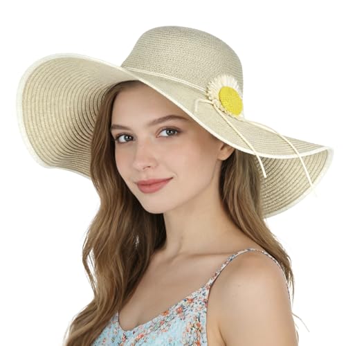 Summer Straw Sun Hats for Women Packable, Floppy Beach Wide Brim Hat Foldable - color: Beige