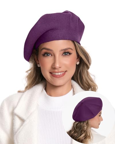 Women's Knitted Beret, French Style Double Layer Winter Autumn Warm and Soft Beanie Hat Cap - color: Purple