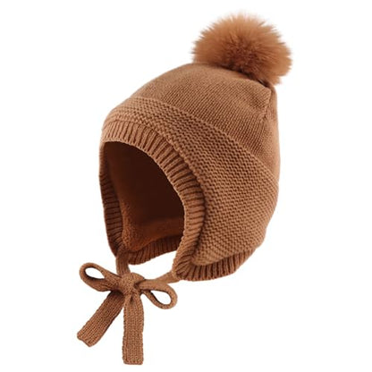 JANGANNSA Basic Winter Baby Boy Beanie Pompom Knit Girl Hat Kid Earflap Cap - color: Walnut Hat, size: 0-6 Months