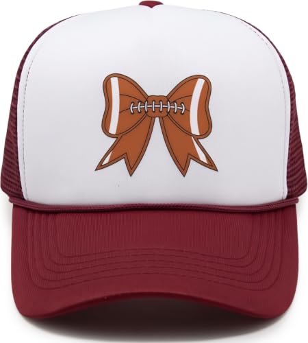 Funky Junque Premium Mesh Snapback Trucker Hat - Stylish Comfort for All - Patriotic, Humor & More - color: Football Bow - White/Maroon