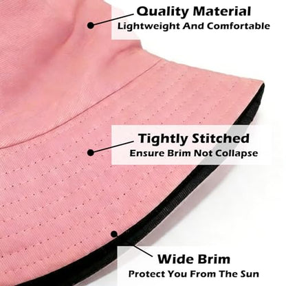 Bucket Hat for Men and Women 2-in-1 Reversible Sun Protection Fashion Flat Top Cap for Fishing Travel Beach Sports - color: Pink-black