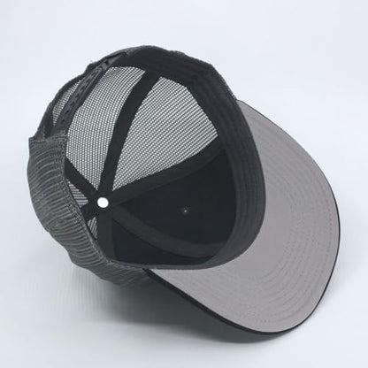 Plain Cotton Twill Flat Brim Mesh Adjustable Snapback Trucker Baseball Cap - color: Black/Charcoal/Charcoal