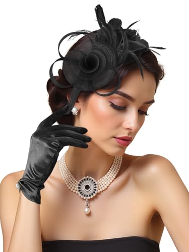 2Pcs 50s Fascinators Hats for Women Wedding Cocktail Flower Mesh Ribbons Feathers Church Tea Party Hats and Lace Glove - color: Black