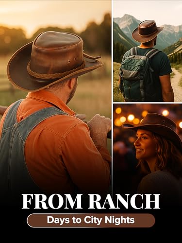 Genuine Leather Cowboy Hat for Men & Women – Western Outback Hat with Chin Strap & Sun Protection - color: Brown, size: X-Large