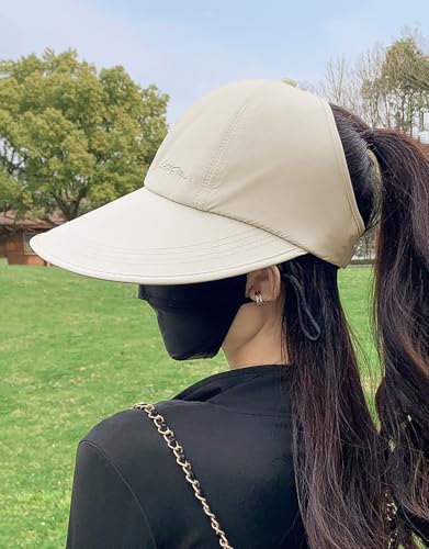 Sun Hats for Women Outdoor Wide Brim UV Protection Hollow Top Summer Beach Packable Visor with Ponytail-Hole - color: Beige