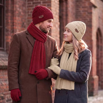 Winter Scarf for Men, 3 PCS Fleece Beanie Hat and Gloves Set - color: Wine Red Hat Scarf Gloves Set