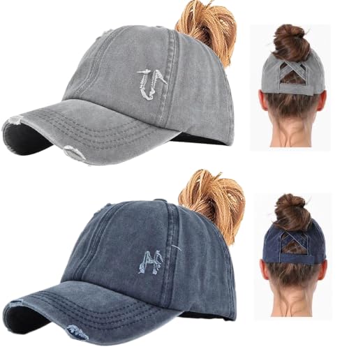 2 Packs Womens Criss‑Cross High Ponytail Trucker Hat, Cotton Vintage Washed Distressed Adjustable Baseball Cap - color: 2pcs 22