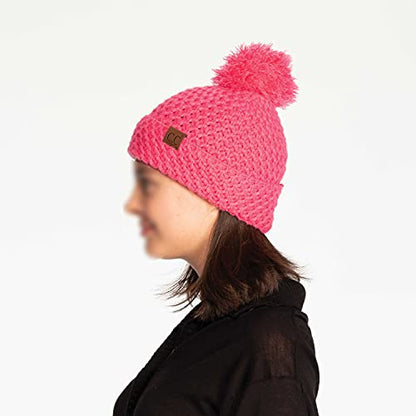 C.C Exclusives Women's Winter Seed Stitched Confetti Pom Beanie Hat (HAT-1816)(HAT-2214)(HAT-2085)(HAT-3841) - color: Bee Stitch Pattern-candy Pink