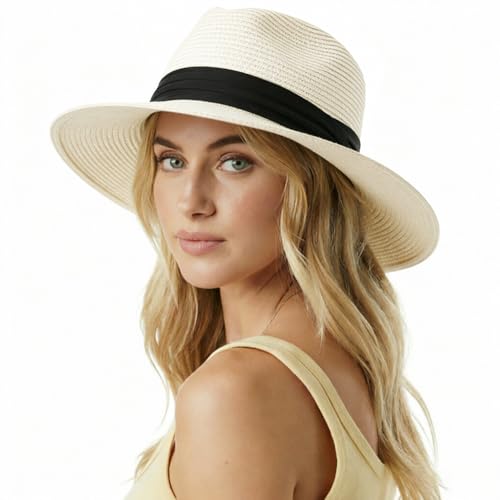 DRESHOW Women Straw Panama Hat Travel Fedora Beach Sun Hat Summer Wide Brim Straw Roll up Hat UPF 50+ - color: Z Panama Straw Hat: : Ivory White a