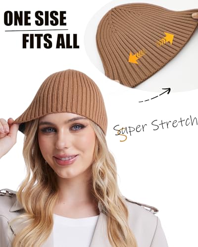 Wool Knit Beanie Hats for Men Women,Cuffless Winter Skull Caps - color: 1-camel