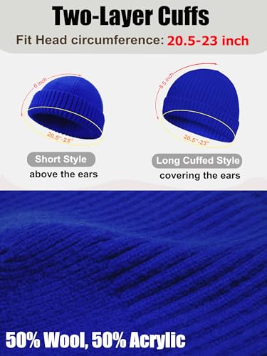 Wool Short Fisherman Beanie for Men Women Double Cuffed Skull Caps - color: 1pcs-blue