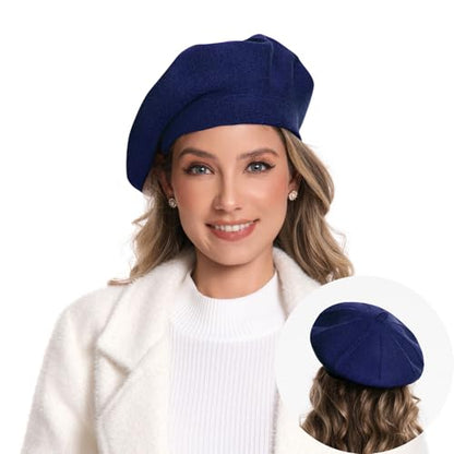 Women's Knitted Beret, French Style Double Layer Winter Autumn Warm and Soft Beanie Hat Cap - color: Navy Blue