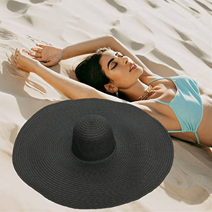 Oversized Beach Hat Women, Extra Wide Brim Foldable Straw Floppy Sun Hat - color: Black