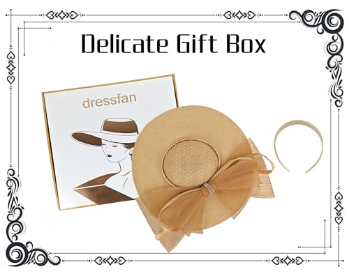 dressfan Wide Brim Fascinator Hats for Women,20s Linen Rhinestones Bow Big Hat for Derby Church Wedding Tea Party - color: Khaki