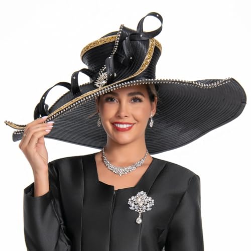 Women's Dramatic Giant Wide Brim Rhinestone Church Hat Statement Turban Fascinator for Wedding Chapel Baptist Sunday - color: 17-black