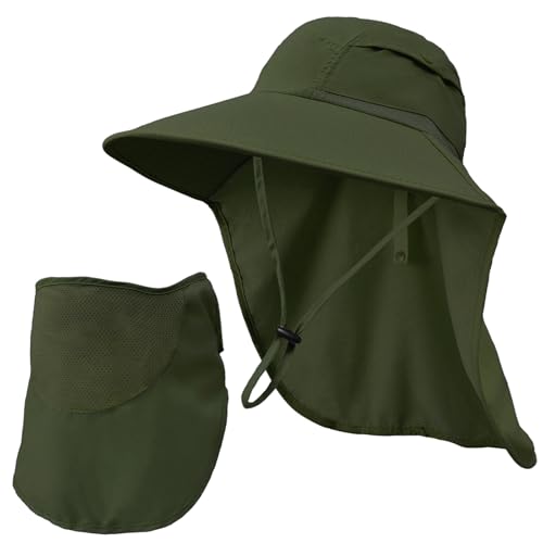 Sun Hats for Men Women Detachable Face Cover Wide Brim Fishing Hats with Neck Flap UPF 50+ Outdoor Safari Hats - color: Army Green
