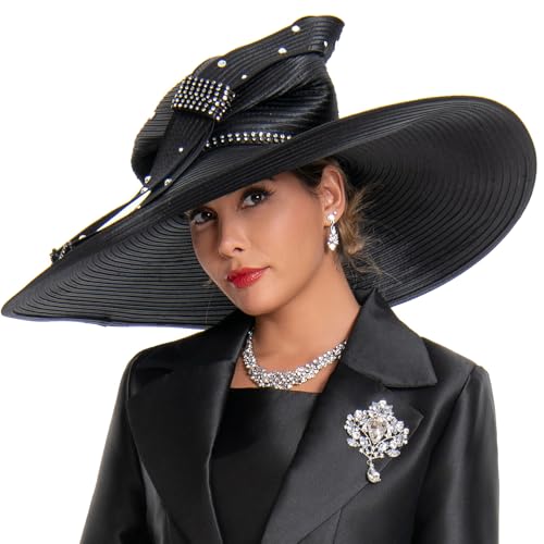 Women's Dramatic Giant Wide Brim Rhinestone Church Hat Statement Turban Fascinator for Wedding Chapel Baptist Sunday - color: 16-black