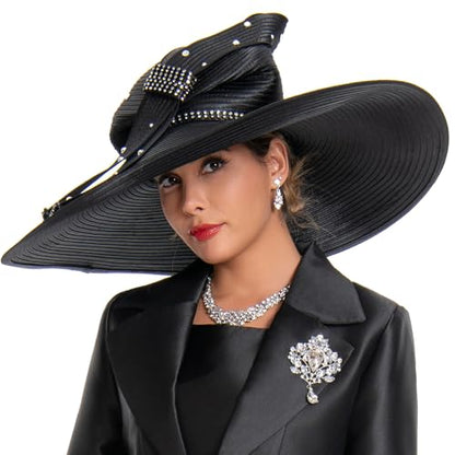 Women's Dramatic Giant Wide Brim Rhinestone Church Hat Statement Turban Fascinator for Wedding Chapel Baptist Sunday - color: 16-black