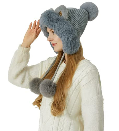 HUAMULAN Women Winter Sherpa Knit Beanie Hat Fleece Lined Ear Flaps - color: Grey Solid