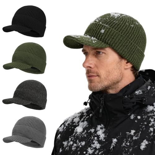 BEARAE XL-XXL Winter Beanie with Brim, Fleece Lined Knit Beanie Hat for Men, Waterproof Winter Hat Ski Cap for Cold Weather - color: Army Green