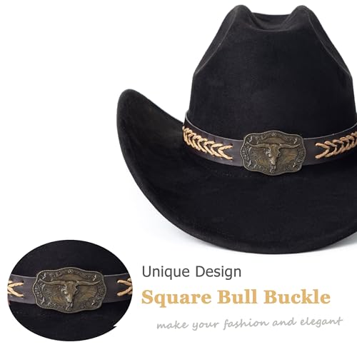 Western Cowboy Hat for Women Men Retro Suede Hat - color: Black-square Bull Buckle