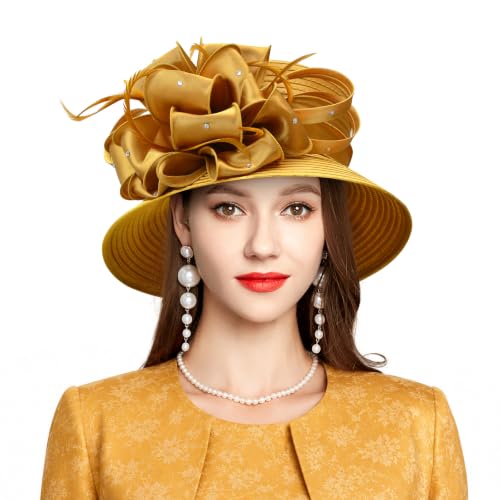 2026 Bucket Hats for Women Ladies Girls, Autumn Winter Fascinator Hat for Derby Kentucky Church Bridal UV Protection - color: A-4585gold