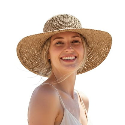 Womens Beach Sun Straw Hat Summer Floppy Wide Brim Foldable Packable - color: Aa Khaki
