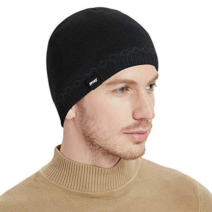 Mens Winter Beanie Hat Warm Knit Cuffed Plain Toboggan Ski Skull Cap (3 Patterns) - color: B1-black