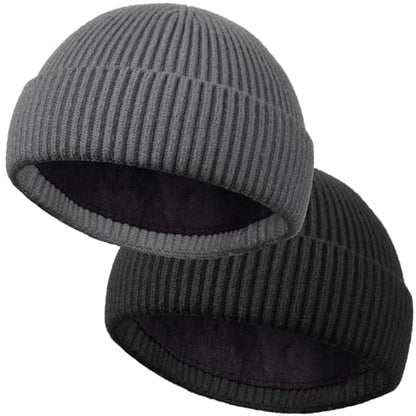 ROYBENS Short Wool Fisherman Beanie for Men Women Knit Fleece Lined Beanies - color: 2pcs--black+grey