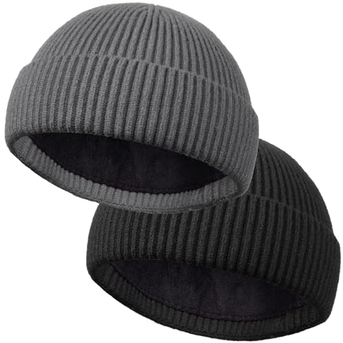 ROYBENS Short Wool Fisherman Beanie for Men Women Knit Fleece Lined Beanies - color: 2pcs--black+grey