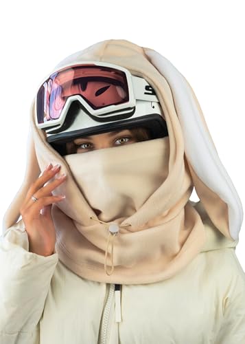Fleece Balaclava Over Helmet - Warm Helmet Ninja Hood - Snowboard Hooded Hat Neck Gaiter Ski Mask - color: Sand&white|bunny, size: One Size