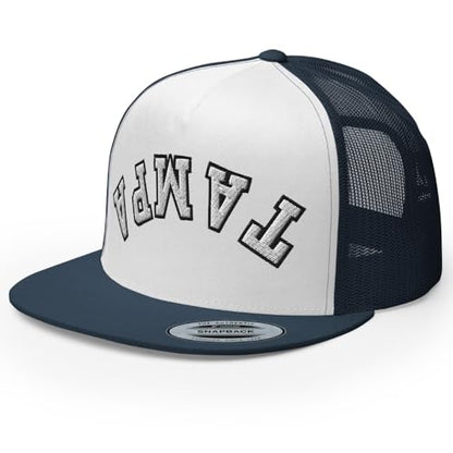 NX Upside Down Tampa Embroidered Flat Bill Trucker Hat High Crown Snapback Cap - color: Navy/ White/ Navy
