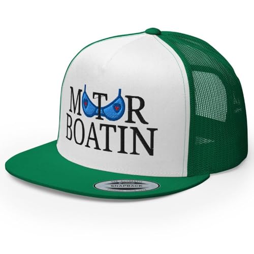 NX Motor Boatin Embroidered Flat Bill Trucker Hat High Crown Snapback Cap - color: Kelly/ White/ Kelly