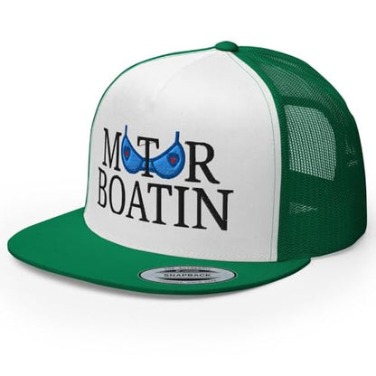 NX Motor Boatin Embroidered Flat Bill Trucker Hat High Crown Snapback Cap - color: Kelly/ White/ Kelly