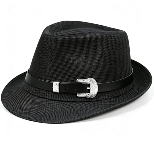 Classic Fedora Hat for Men Women Short Brim Panama Summer Beach Hat Accessories with Belt Buckle - color: Black, size: Large-X-Large