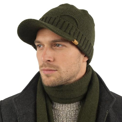Winter Beanie with Visor - Stylish Knit Hat with Bill - Thick Brimmed Beanies with Fleece Lining Men and Women - color: B327-green
