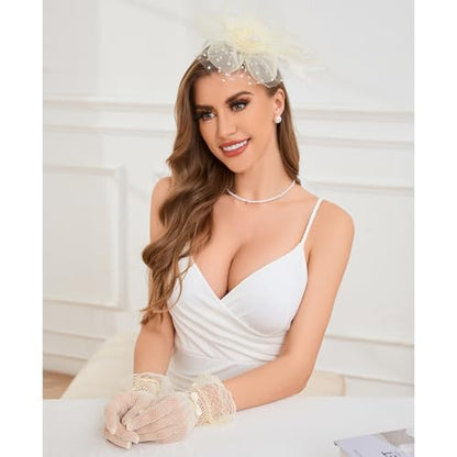 GurZinn Fascinator Hat Veil Feather Fascinator Tea Party Bridal Wedding Veil Pillbox Hat - color: C-white Hat&glove