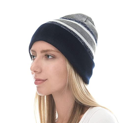 Winter Knit Beanie Hat with Pom Pom – Warm Cuffed Slouch Ski Cap for Men & Women - color: 2.navy and Gray