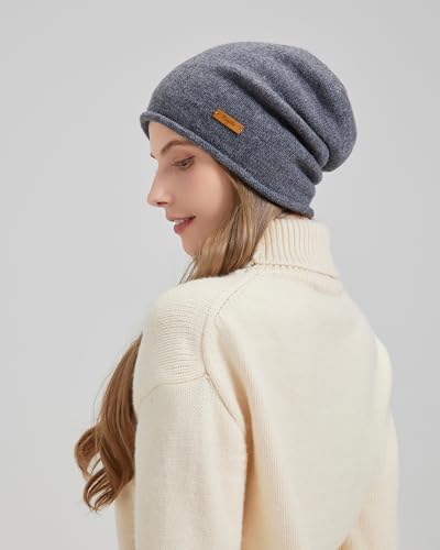 100% Merino Wool Slouchy Beanie Hat, Women Warm Winter Caps Soft, Ladies Breathable & Cozy Stretchy Knitted Skull Cap - color: Grey