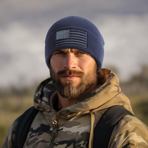 OUTDOOR SHAPING American Flag Fleece Beanie with Embroidered Patch Hat - color: Navy