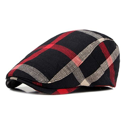 Men's Plaid Striped Newsboy Ivy Flat Driving Golf Cap - color: Black+red