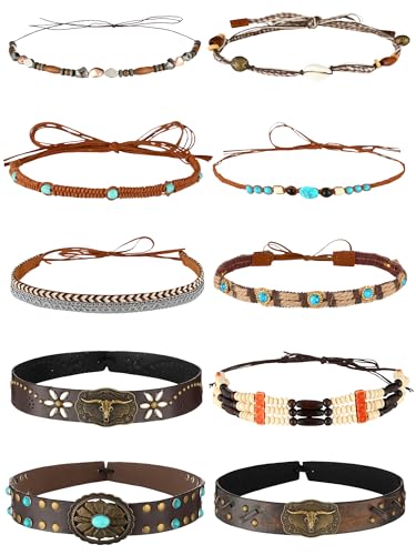 Zeyune 10 Pcs Cowboy Hat Bands Ethnic Western Hat Belts Rural Cowgirl Turquoise Hatbands Beaded Cowboy Supply - style: Stylish Style