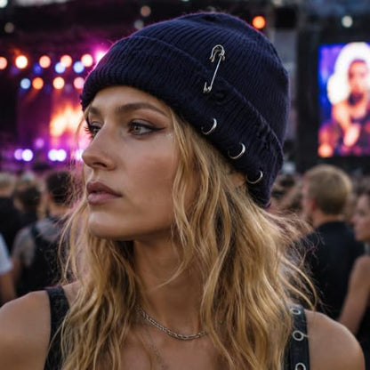 Distressed Ring Beanie Hat for Women Men Slouchy Skull Cap - color: Navy