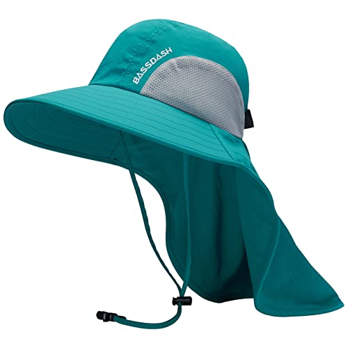 BASSDASH UPF 50+ Unisex Water Resistant Wide Brim Sun Hat with Large Neck Flap Ponytail Fishing Hat for Men Women - color: Lake Green