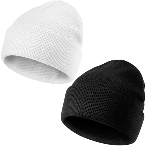 IYEBRAO 2-Pack Unisex Cuffed Beanie Hat for Men Women Skull Knit Cap - color: Black&white 2pcs