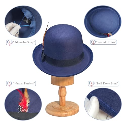 Classic Fedora Hat with Feather, Dome Hard Bowler Cap - color: Navy Blue