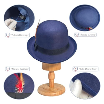 Classic Fedora Hat with Feather, Dome Hard Bowler Cap - color: Navy Blue